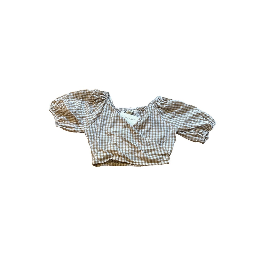 Sim & Sam Gingham Crop Top Womens Tan White Boho Puff Sleeve‎ NWT SIZE S